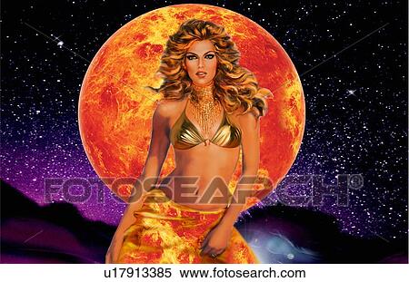 Leo woman in front of fiery sun View Large Illustration Stock Illustration - Leo woman in front of fiery sun. Fotosearch