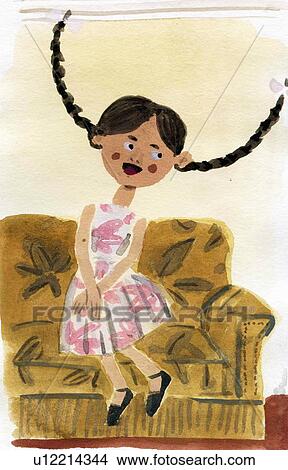 Stock Illustration - Little girl in dress with long braids flying. Fotosearch