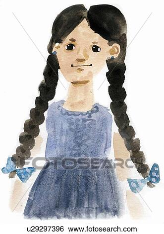 Stock Illustration - Little girl with long braids in dress. Fotosearch
