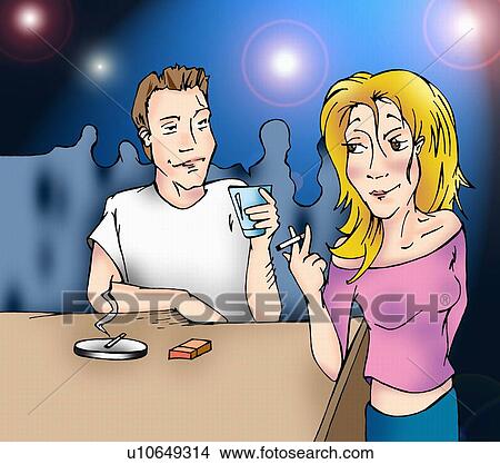 Stock Illustration - Man and woman flirting at a bar. Fotosearch