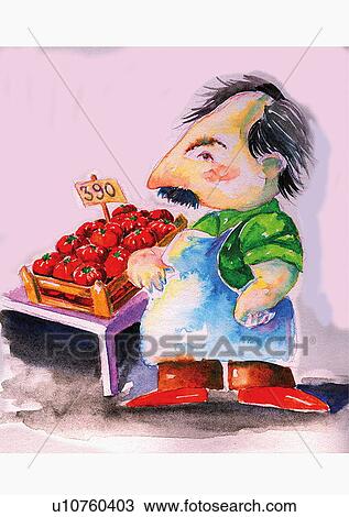 Man at market table with tomatoes View Large Illustration Drawing - Man at market table with tomatoes. Fotosearch