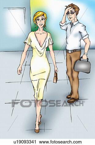 Man attracted to woman walking by View Large Illustration Clip Art - Man attracted to woman walking by. Fotosearch