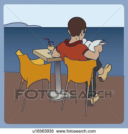 Stock Illustration - Man reading by the seaside. Fotosearch