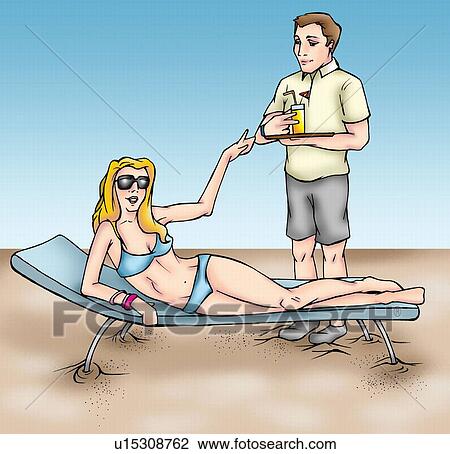 Drawing - Man serving woman with a drink on the beach. Fotosearch