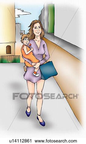 Clip Art - Mother walking with child in her arms. Fotosearch