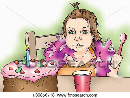 Stock Illustration - One-year-old ready to eat her birthday cake. Fotosearch