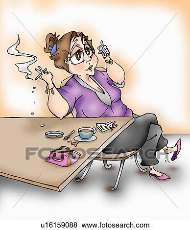 Overweight woman on phone smoking and drinking coffee View Large Illustration Stock Illustration - Overweight woman on phone smoking and drinking coffee. Fotosearch