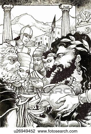 Scene with characters from Ancient Greece including Dionysus at the forefront View Large Illustration Drawing - Scene with characters from Ancient Greece including Dionysus at the forefront. Fotosearch
