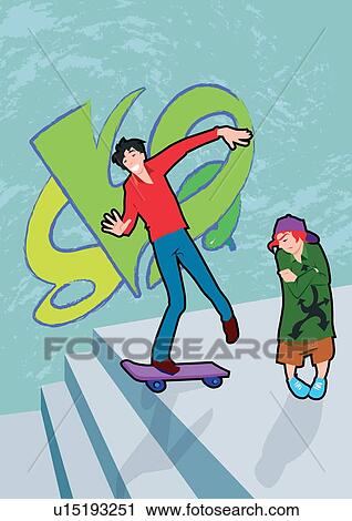 Teenager skating in front of jealous boy View Large Illustration Clip Art - Teenager skating in front of jealous boy. Fotosearch