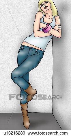 Trendy young woman in jeans leaning on wall View Large Illustration Clipart - Trendy young woman in jeans leaning on wall. Fotosearch