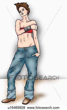 Stock Illustration - Trendy young woman with short hair, jeans, and bikini top. Fotosearch