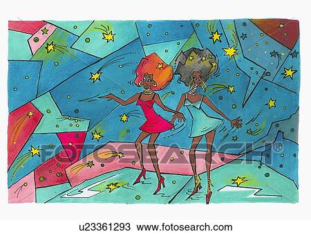 Drawing - Two women with afro hairdos on a stage dancing. Fotosearch
