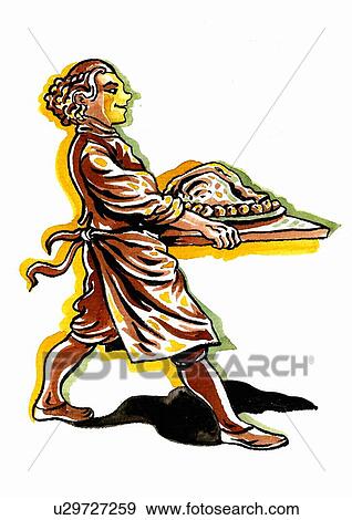 Stock Illustration - Waiter serving platter of food. Fotosearch