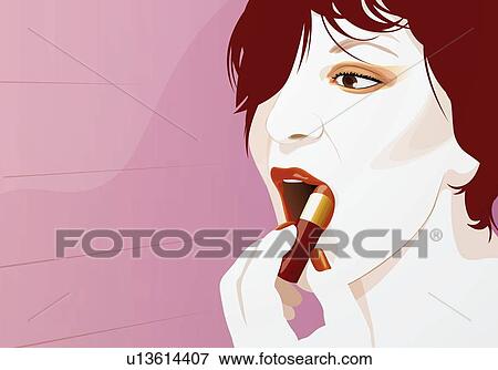 Stock Illustration - Woman applying lipstick. Fotosearch