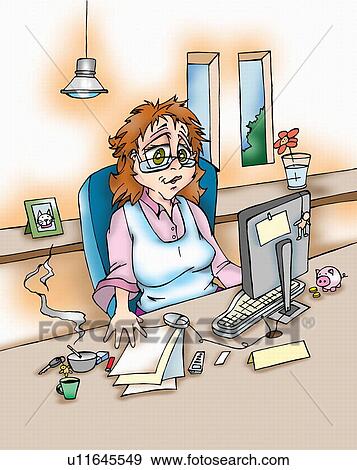 Stock Illustration - Woman at work at home office. Fotosearch