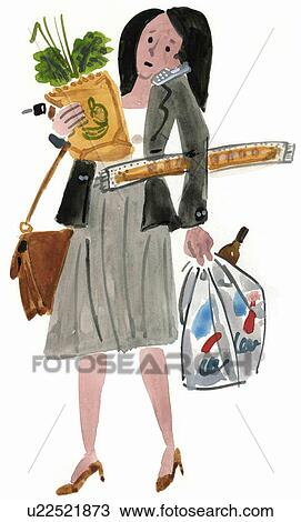 Woman balancing her groceries and mobile phone View Large Illustration Drawing - Woman balancing her groceries and mobile phone. Fotosearch