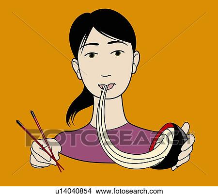 Stock Illustration - Woman eating a bowl of noodles. Fotosearch