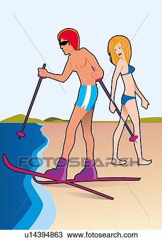 Drawing - Woman in bikini observing man on beach with skis. Fotosearch