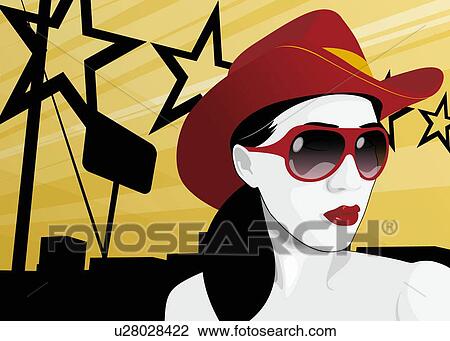 Drawing - Woman in cowboy hat and sunglasses. Fotosearch