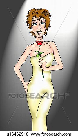 Woman in evening gown holding a rose View Large Illustration Stock Illustration - Woman in evening gown holding a rose. Fotosearch