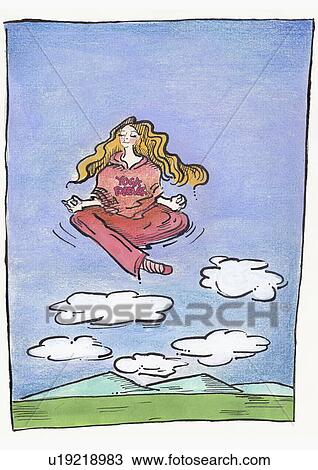 Drawing - Woman meditating in a yoga pose hovering in the air. Fotosearch