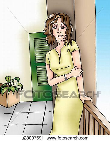 Woman posing on balcony View Large Illustration Clip Art - Woman posing on balcony. Fotosearch