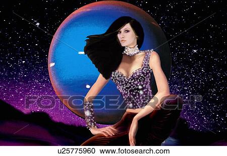 Clipart - Woman sitting in front of the moon. Fotosearch