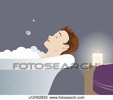 Woman With Short Hair In Bathtub Relaxing By Candlelight Drawing