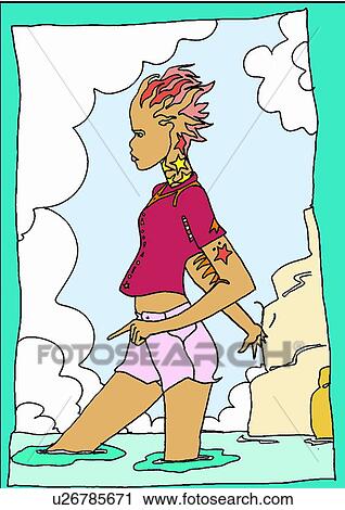 Clip Art - Woman with star tattoos wading through water. Fotosearch