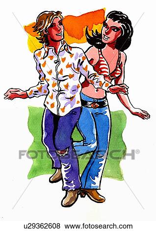 Stock Illustration - Young casual couple dancing, looking at each other. Fotosearch