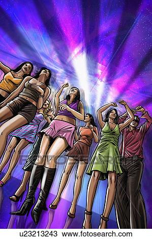 Drawing - Young people dancing in a nightclub with a DJ. Fotosearch