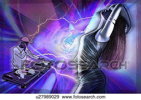 Stock Illustration - Young woman dancing in a nightclub with a DJ. Fotosearch