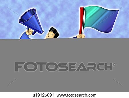 Clip Art - Business man making an announcement and waving his flag.. Fotosearch