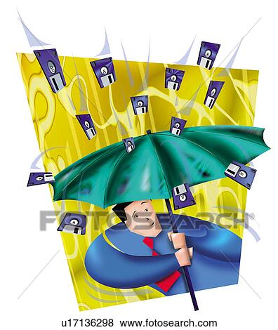 Business man protecting himself from raining data View Large Illustration Stock Illustration - Business man protecting himself from raining data. Fotosearch