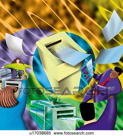 Office sharing a network printer View Large Illustration Stock Illustration - Office sharing a network printer. Fotosearch