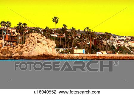 Drawing - coastal view with homes. Fotosearch
