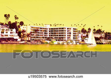 sailboat in ocean with buildings in background View Large Illustration Stock Illustration - sailboat in ocean with buildings in background. Fotosearch