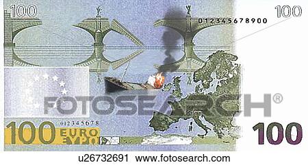Clip Art - Battleship sinking on a 100 Euro bill. Fotosearch