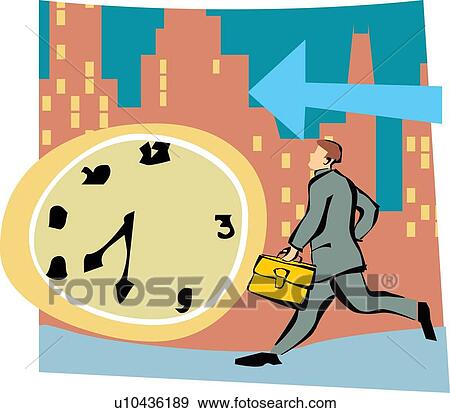 Businessman running by clock and arrow sign View Large Illustration Stock Illustration - Businessman running by clock and arrow sign. Fotosearch