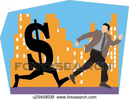 Businessman running with dollar by buildings View Large Illustration Stock Illustration - Businessman running with dollar by buildings. Fotosearch