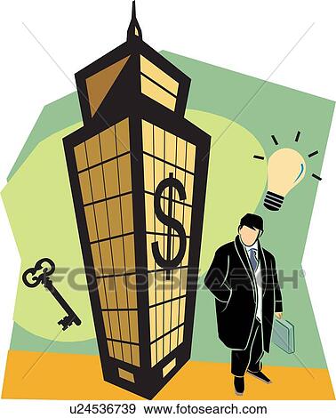 Stock Illustration - Businessman standing by building and lightbulb. Fotosearch