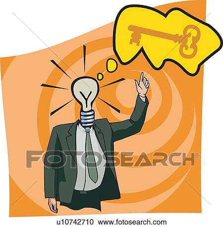 Clipart - Businessman with lightbulb head pointing to the key. Fotosearch