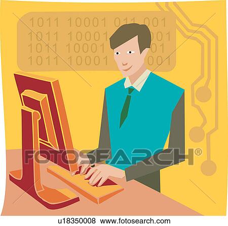 Stock Illustration - Businessman working on flat screen computer. Fotosearch
