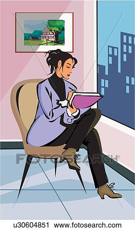 Clip Art - Businesswoman sitting on chair and writing. Fotosearch