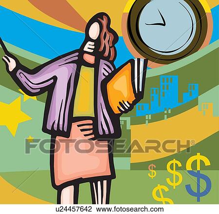 Businesswoman standing by clock and buildings View Large Illustration Drawing - Businesswoman standing by clock and buildings. Fotosearch