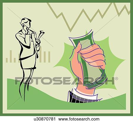 Clip Art - Businesswoman talking on cell phone and hand holding money. Fotosearch