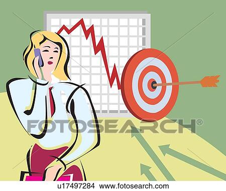 Stock Illustration - Businesswoman talking on cell phone and bulls eye with arrow. Fotosearch