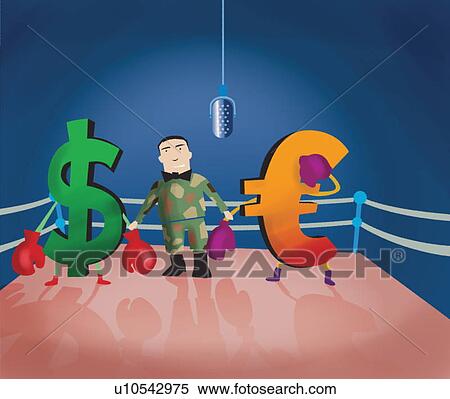 Stock Illustration - Dollar and Euro in the boxing ring. Fotosearch