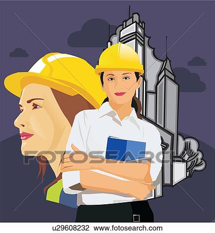 Female architects wearing hard hats View Large Illustration Drawing - Female architects wearing hard hats. Fotosearch