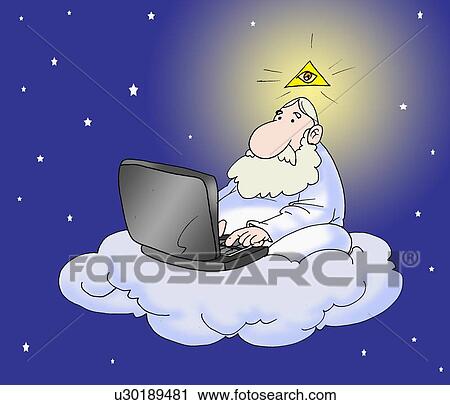 Clip Art - God on laptop in the sky. Fotosearch